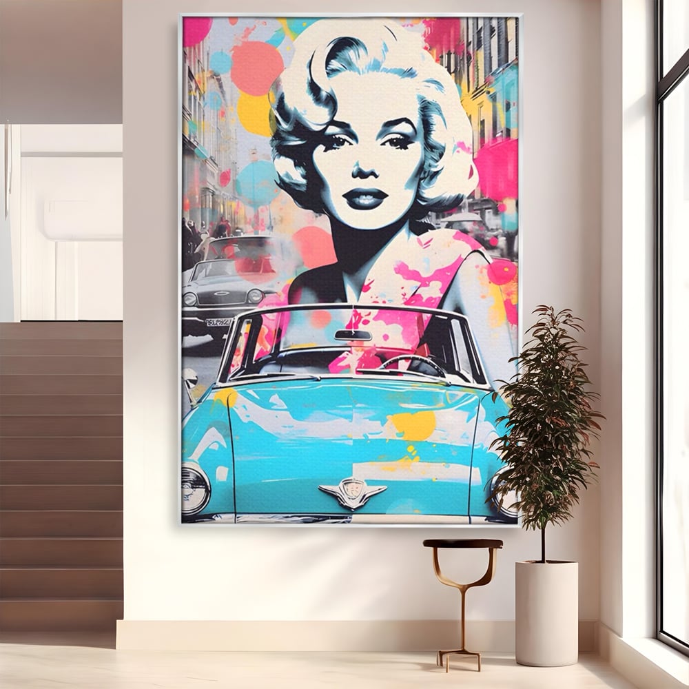 Tablou canvas cu tablou canvas cu marilyn monroe si masina, in rama de aluminiu argintiu